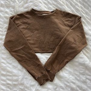 Joah brown cropped cocoa brown long sleeve distressed top tee